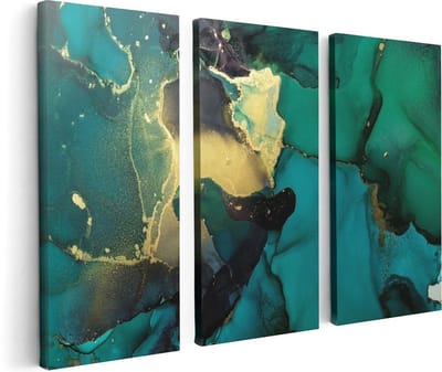 Artaza Canvas Schilderij Drieluik Abstracte Kunst - Groen met Goud - 120x80 cm - Wanddecoratie Woonkamer - Schilderijen - Muurdecoratie
