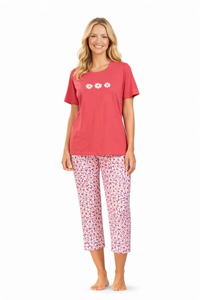 Comtessa Dames Pyjama - Katoen - Zomer - 7/8 broek - Red Pink - Maat 36