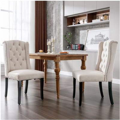 Eetkamerstoel - MUVOE - Set van 2 - Beige fluweel - Eikenhouten poten - Zitting met schuim met hoge dichtheid beige