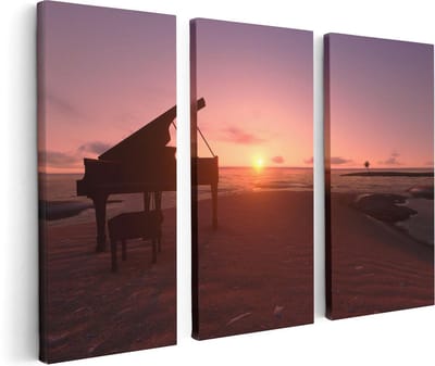 Artaza Canvas Schilderij Drieluik Piano op het Strand bij Zonsondergang - 120x80 - Foto Op Canvas - Canvas Print