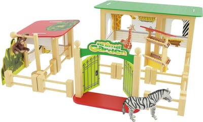 Dierentuin speelgoed - Dierentuin - Houten dierentuin - 19 delig - 3 speelfiguren van kunststof (giraf, zebra, aap) - Houten speelgoed - Dieren speelgoed voor kinderen - Speelgoed - VI Online Products