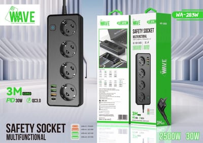 WAVE - Stekkerdoos met USB – 4-voudig Stopcontact + 3x USB-A & 1x USB-C – Met Schakelaar – Zwart