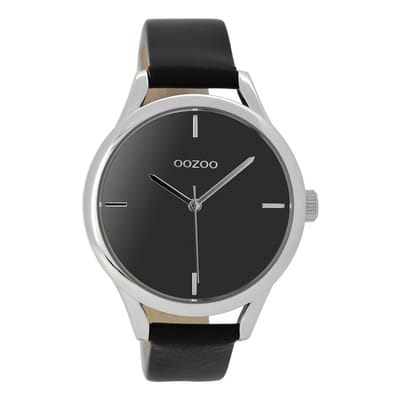 OOZOO Timepieces - Zilverkleurige horloge met zwarte leren band - C9144