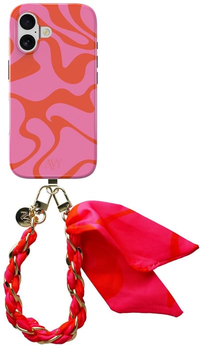 AVY Hoesje Met Telefoonkoord | Geschikt voor Apple iPhone 17 | Compatibel met MagSafe | Hard Shell Back Cover | Stijlvol Bijpassend Koord 32CM | Rosé Twist | Roze