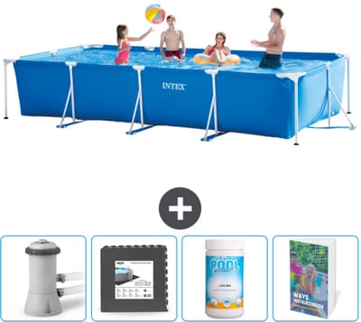 Intex Rechthoekig Frame Zwembad - 450 x 220 x 84 cm - Blauw - Inclusief Zwembadfilterpomp - Vloertegels - Chloor - Zwembadgids