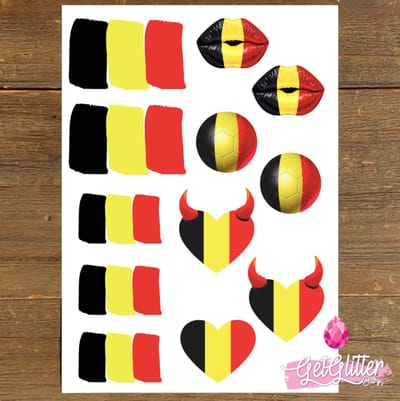 GetGlitterBaby® - Plak Tattoos Voetbal / Tijdelijke Tattoo Sticker / Nep Tatoeage / Gezicht en Lichaam Schmink Versiering - België / Belgische Vlag / Duivels