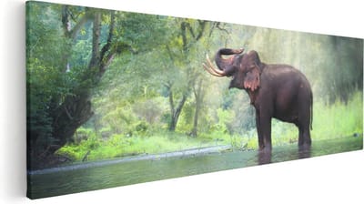 Artaza Canvas Schilderij Olifant In Rivier - 60x20 cm - Wanddecoratie Dieren - Muurdecoratie Woonkamer - Kamer Accessoires