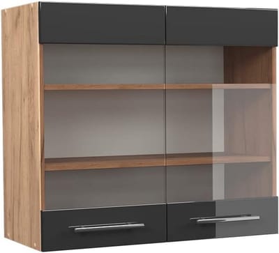 Hangglaskast Keuken 80 cm Breed - Antraciet Hoogglans en Eiken Goud - Moderne Opbergkast