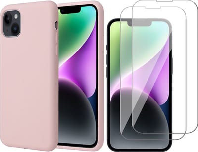 Hoesje geschikt voor iPhone 14 - Matte Back Cover Microvezel Siliconen Case Hoes Roze - 2x Tempered Glass Screenprotector
