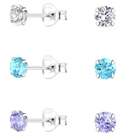 Joy|S - Zilveren oorknopjes set - 3 paar - 4 mm - zirkonia - paars turquoise wit - oorbellen basic set
