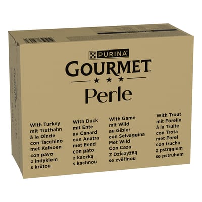 96 x 85 g Gourmet Perle natvoer voor katten + 12 x 85 g Gourmet Perle Ocen Flakes gratis! - Forel, Kalkoen, Eend, Wild in Gelei