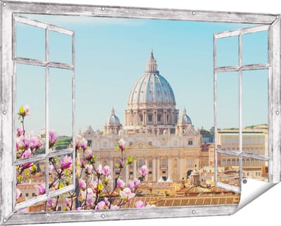 Gards Tuinposter Doorkijk Sint Pietersbasiliek in Rome met Bloemen - 150x100 cm - Tuindoek - Tuindecoratie - Wanddecoratie buiten - Tuinschilderij