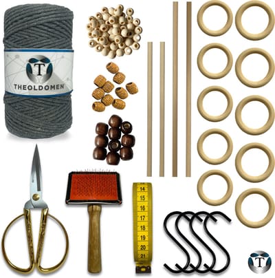 Deluxe Macramé Pakket | Donkergrijs | 200 METER | Triple Twist | 3mm | Starter Set | Schaar | S-haken | Kam | Meetlint | Ringen | Kralen | Stokken | Macramé Touw | 100% Katoen | DIY | Macramé | Wandkleed | Plantenhanger | TheOldOmen