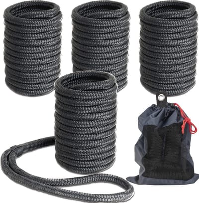Dubbel gevlochten nylon doklijnen touw voor aanmeerboten, 7,5 cm x 35 cm, zwart, 4 stuks
