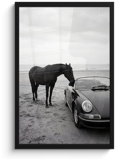 Poster in lijst - Fotolijst 40x60 cm - Posters - Paard - Auto - Zwart - Wit - Posterlijst zwart - Decoratie - Wanddecoratie woonkamer - Muurdecoratie slaapkamer