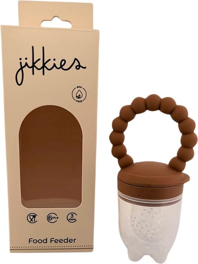 Jikkies ® - Baby Fruitspeen - Bijtring + 3 Maten Spenen S, M + L - Bruin - Fruitzuiger - Fruit Fopspeen - Kinderbestek - Fruitspeen Baby - Siliconen Spenen - Babyspeen voor groenten en fruit – BPA vrij - Kraam Cadeau