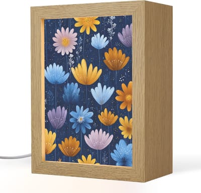 Nachtlampje 15x20 cm - Kinder lampje - Bloemen - Patroon - Blauw - Contrast - Tafellamp kinderkamer - Slaapkamer lamp - Bedlamp kinderen - Kinderlampje stopcontact - Wandlamp babykamer - Nachtlampjes