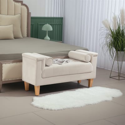 REDOM - Gestoffeerde Bank Met Armleuningen En 2 Rolkussens - Vintage - Voor Slaapkamer Of Hal - Polyester - Beige - 115 x 44 x 58 Cm