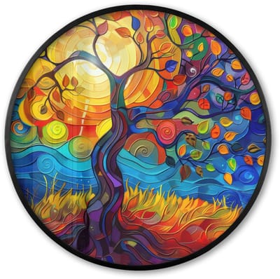 Poster in lijst Rond - Fotolijst 60x60 cm - Posters - Boom - Zon - Verflook - Kleuren - Abstract - Ronde posterlijst zwart - Decoratie - Wanddecoratie woonkamer - Muurdecoratie slaapkamer
