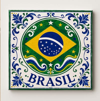 Brazilië Decoratieve Tegel – Braziliaanse Vlag Design met Delfts Blauwe Bloemenrand – Keramische Souvenir Cadeautegel