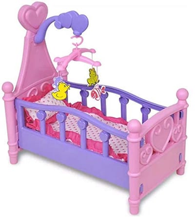 Poppenbed met Draaibare Mobiel en Beddengoed - Wit en Roze, Speelgoed voor Kinderen