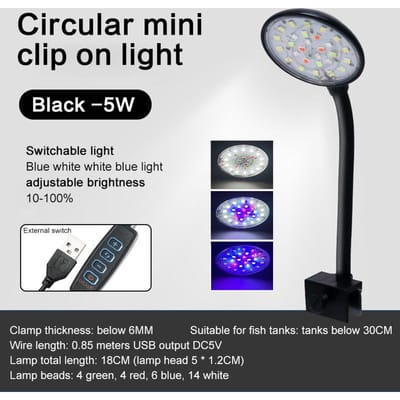 Lumière d'aquarium réglable Éclairage d'aménagement d'aquarium Rotation à 360 degrés Opération simple Étanche Clip de tube universel Lampe d'aquarium 5W noir