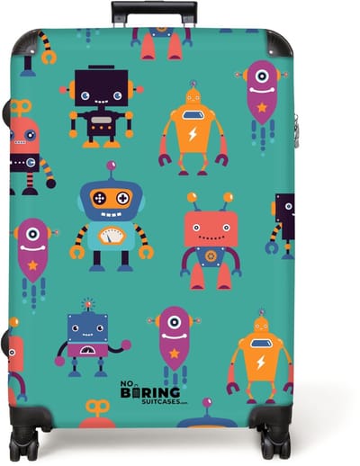 NoBoringSuitcases.com® - Koffer groot - Reiskoffer lichtgewicht - Robots in vrolijke kleuren op groene achtergrond - Rolkoffer met 4 wielen - Grote trolley XL - 98 liter bagage