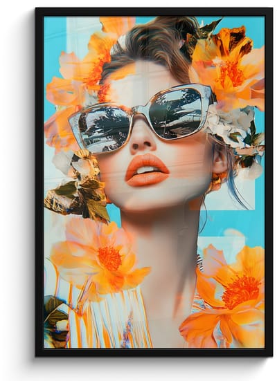 Poster in lijst - Fotolijst 60x90 cm - Posters - Bloemen - Vrouw - Zonnebril - Blauw - Posterlijst zwart - Decoratie - Wanddecoratie woonkamer - Muurdecoratie slaapkamer