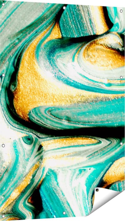 Gards Tuinposter Abstracte Kunst - Groen met Gouden Verf - 80x120 cm - Tuindoek - Tuindecoratie - Wanddecoratie buiten - Tuinschilderij