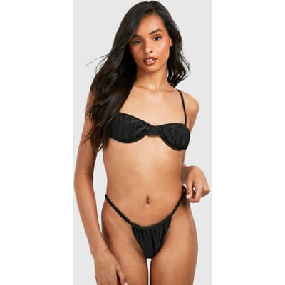 boohoo Dames Lange geraffleerde cup-detail bikiniset | Zwart | Maat: 42