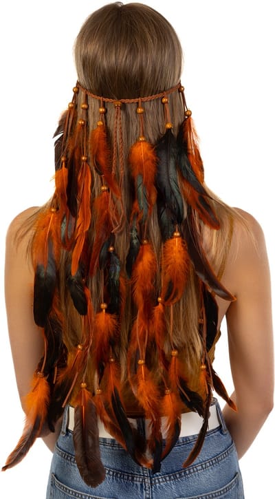 KIMU® Hoofdband Veren Oranje Zwart - Ibiza Hippie Indiaan Haarband - Veertjes Kraaltjes Vlecht Leer Haar Bohemian Boho Chic Coachella Festival