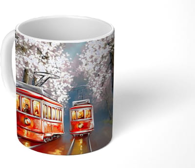 Mok - Koffiemok - Schilderij - Olieverf - Tram - Bloesemboom - Mokken - 350 ML - Beker - Koffiemokken - Theemok