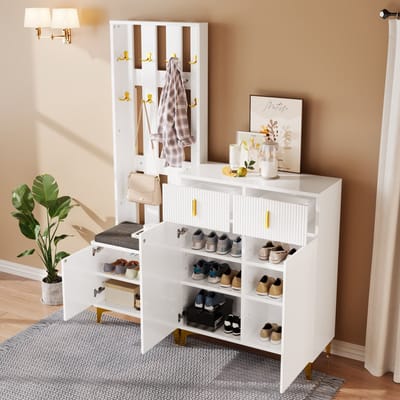 STILVORA Kledingkast 60.5×35.2×180.5 cm + 83×35×101 cm – Kast Met Garderobefront, Bankje En Schoenenlades – Voor Georganiseerde Opbergruimte – Spaanplaat – Wit