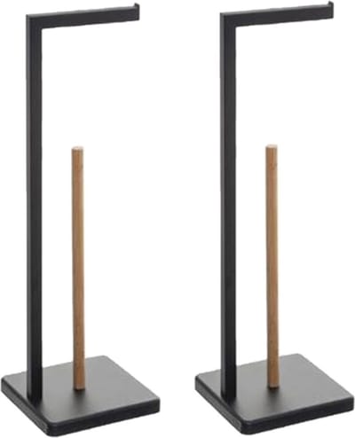 5five WC/toiletrolhouder - 2x - met reservoir - zwart - 20 x 20 x 64 cm - metaal/bamboe - voor 4 rollen - vrijstaand