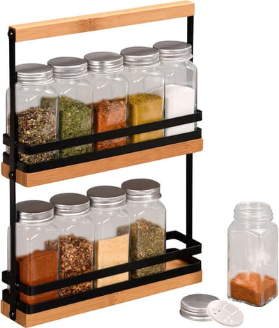 Staand Kruidenrek - INCLUSIEF 10x Glazen Kruidenpotjes - FSC® Bamboe + Metaal - Afm. 23 x 5.5 x 32 Cm.