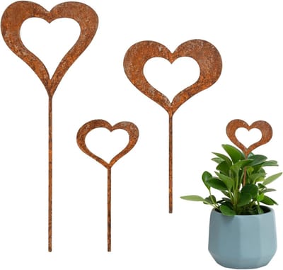 Hartvormige Stekers - Tuindecoratie Roest - Tuin Verfraaien - Set van Drie - 30 cm Hoog - Roestkleurig