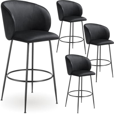 tectake® Set van 4 Barkrukken Luana - Gestoffeerde Barkruk met rugleuning - Barstoelen - Barstoel met voetensteun - Eetkamerstoel met fluwelen bekleding - Stevige stalen poten met antislip vloerbescherming - Zwart/zwart