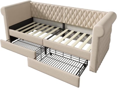 Gotagee Gestoffeerde slaapbank 90x200 cm, met 2 opbergladen, kinderbed, jeugdbedframe met houten lattenbodem, linnen, beige (zonder matras)
