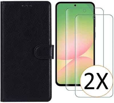Hoesje geschikt voor Samsung Galaxy A57 5G hoesje Zwart pasjeshouder telefoon hoes - Met screenprotector tempered glass voor Galaxy A57 5G - 2x