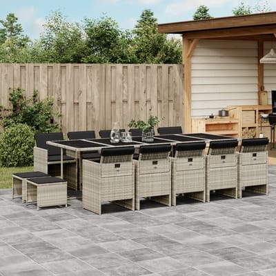 vidaXL - 15-delige - Tuinset - met - kussens - poly - rattan - lichtgrijs