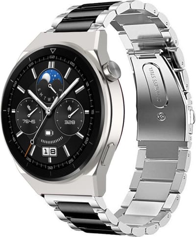 Strap-it Stalen schakel bandje - geschikt voor Huawei Watch GT / GT 2 / GT 3 / GT 3 Pro / GT 4 46mm / GT 5 & 5 Pro (46mm) / GT 2 Pro / GT Runner / Watch 3 (Pro) / Watch 4 (Pro) / Watch Ultimate - zilver/zwart