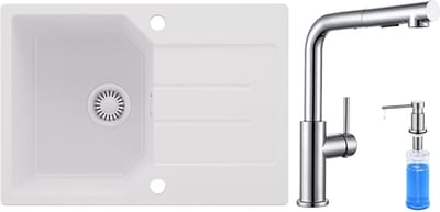 Anycee MAX Spoelbak Keuken 65x45CM - Granieten Spoelbak Wit - Wasbak Keuken Met Keukenkraan met Uittrekbare Uitloop en Zeepdispenser - Spoelbakken Keuken Met Kraangat - Met Druiprek en Sifon