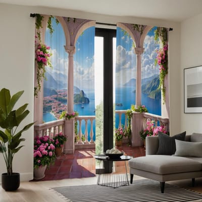 2 pièces haut Qing pavillon au bord du lac Ciel Bleu paysage fleuri décoration rideau Bleu rideau imprimé numérique Décoration de la maison st W52H63inchW132H160cm gray