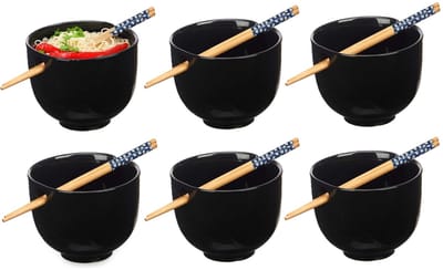Kinvara Pokebowl/ramen/noedels servies set - 6x - kommetje en chopsticks - keramiek - zwart - sushi eet set