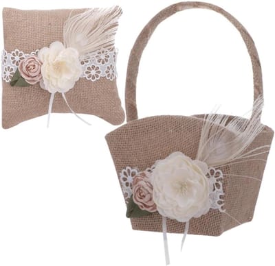 Bruidsbloemenmand Ringkussen - Trouwaccessoires Set - Bruiloft Versieren - Huidvriendelijk Linnen - 14x10x23cm - Koffie