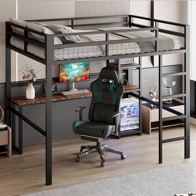 Komhtom Hoogslaper, 140 x 200 cm, ijzeren frame, meerdere planken, bureau met stopcontact, met USB type C, leuning, ladder, zonder matras, zwart