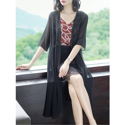 Zijden vestjas voor dames, zomerse middellange tot lange stijl, gecombineerd met rok, gedrapeerd met moerbeizijde, airconditioning shirt, en bovenkleding L zwart