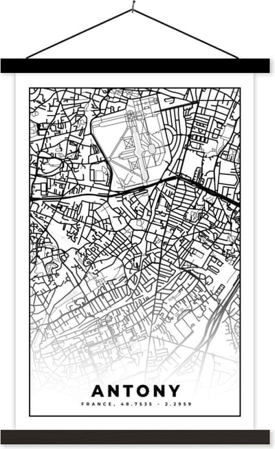 Posterhanger incl. Poster 40x60 cm - Schoolplaat - Stadskaart - Antony - Frankrijk - Kaart - Plattegrond - Zwart wit - Textielposter - Zwarte latten - Stadskaart