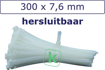 PRO-TIE® - Tyraps, kabelbinders Hersluitbaar 300 x 7,6 mm Wit naturel (Zak 100 stuks) (tiewrap/tyrap/tie-wrap/bundelbandje/colsonbandje/)