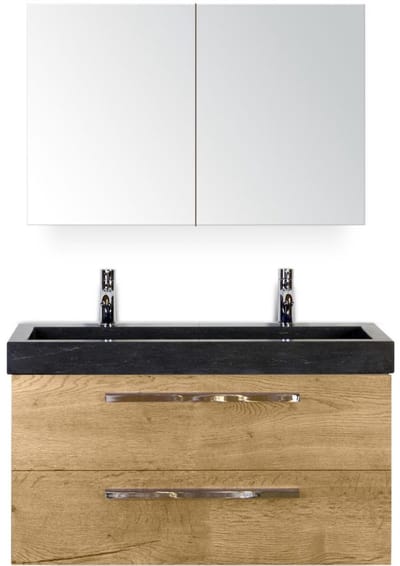 Seville Badmeubelset 100 cm - Natuur Eiken - Wastafel Hardsteen Wit Lucca 2 Kraangaten met Spiegelkast